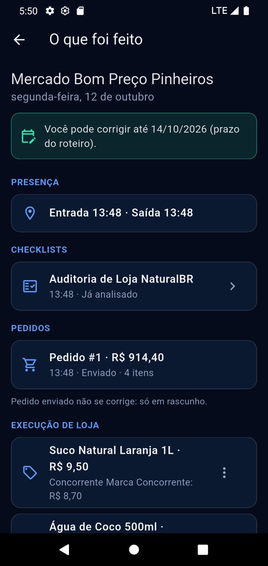 Tela O que foi feito com presença, checklist, pedido e execução de loja