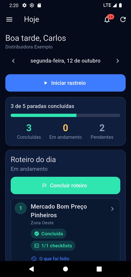 Tela Hoje do app com o roteiro do dia e o andamento das paradas
