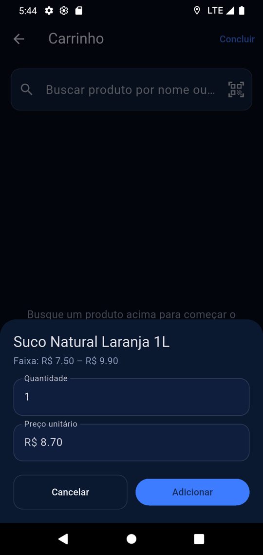 Item do pedido com a faixa de preço do produto