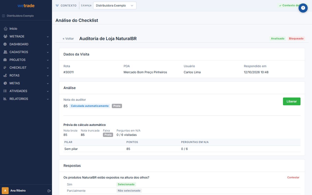 Análise de um checklist com a nota calculada e a faixa de classificação