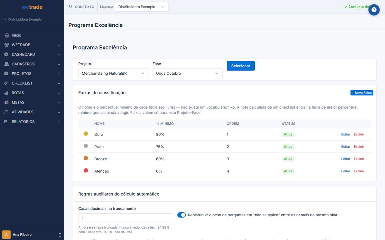 Configuração das faixas de classificação do Programa Excelência