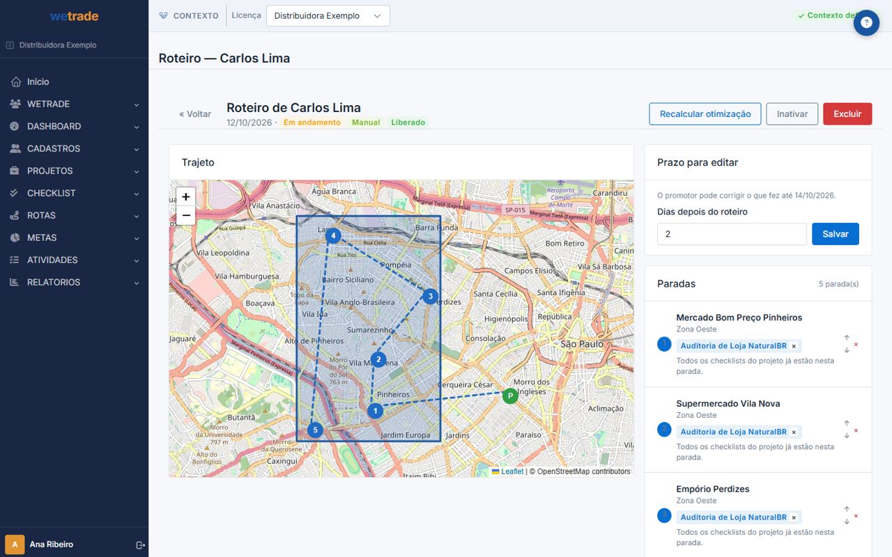 Roteiro de um promotor com as paradas ordenadas e o traçado no mapa