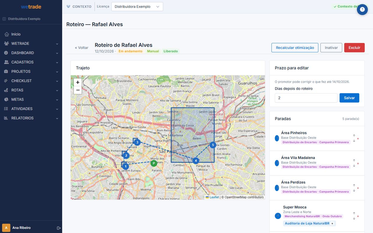 Roteiro com paradas de dois projetos no mapa